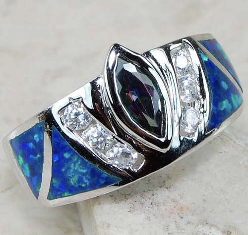 Exquisite Mystic Topaz, Australian Opal & White Topaz SOLID 925 Sterling Silver Ring  #7