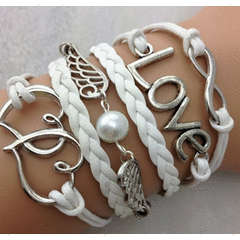 Infinity White Leather Pearl Wings Love Heart Bracelet