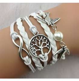 Infinity White Leather Tree of life Pearl Birds Bracelet
