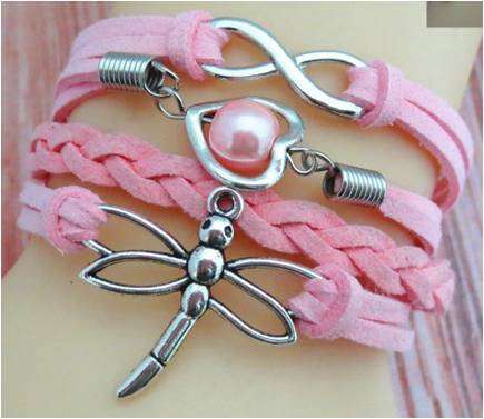 Infinity Pink Leather Dragonfly Bracelet