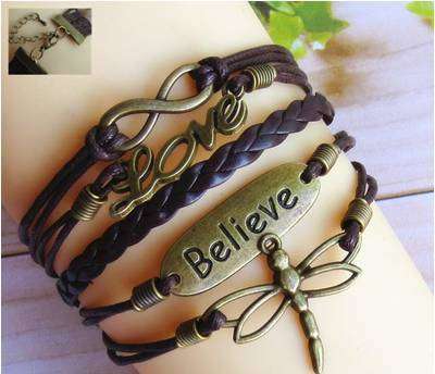Infinity Brown Leather Love Dragonfly Bracelet