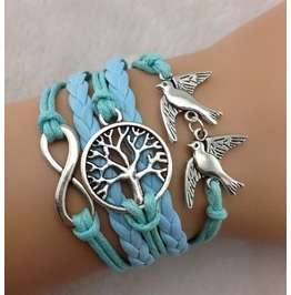 Infinity Blue Leather Tree of life Birds Bracelet