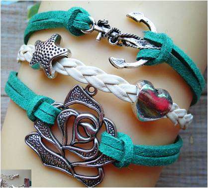 Infinity Light Turquoise Anchor Flower Leather  Bracelet