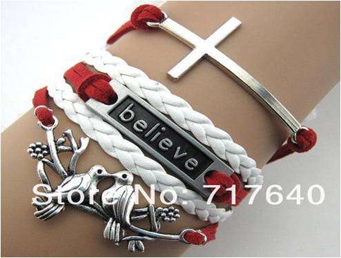 Infinity Red and White Leather Believe Bracelet
