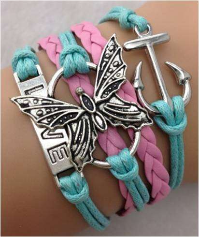Turquise and Pink Butterfly Leather Bracelet