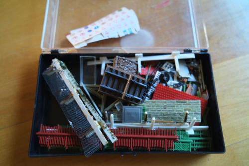 Box of scenery odds & ends for HO model trains