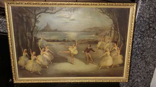 Painting of ballerina dancing in front of a lake