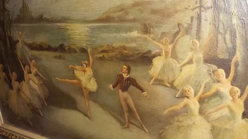 Painting of ballerina dancing in front of a lake