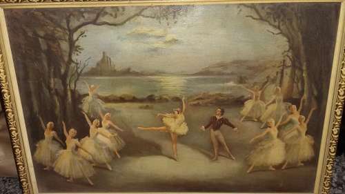 Painting of ballerina dancing in front of a lake