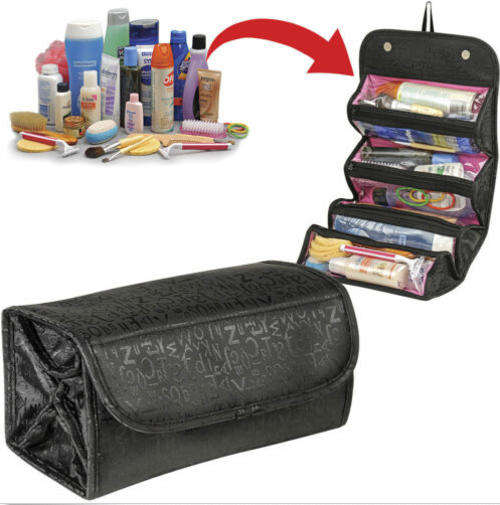 Luxury Roll-N-Go Cosmetic Bag Roll Up Bathroom Organizer Black