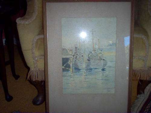 FRAMED WATERCOLOUR OF TWO MOORED YACHTS BY J.HEY