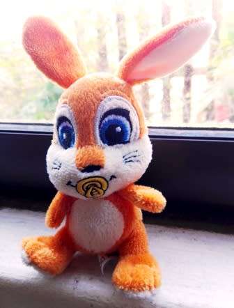 Orange Migros Easter small Baby Bunny with yellow pacifier in mouth!