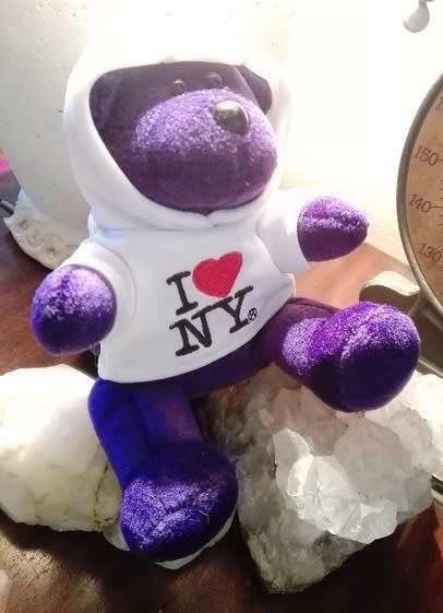I love NY Purple Beanie Bear with white I love NY Hoodie! 15cm.