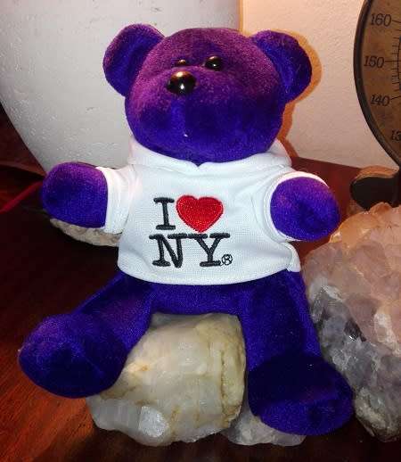 I love NY Purple Beanie Bear with white I love NY Hoodie! 15cm.