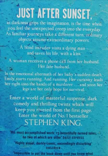 Just After Sunset by Stephen King. 13 Beautifully Turned Dark Tales!