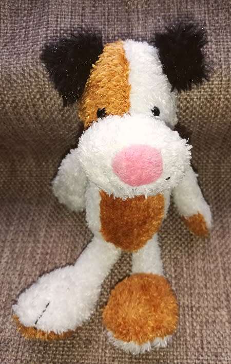 Rocky the Puppy with blue Heart Bandanna! Small plush toy by Schaffer. 20cm.