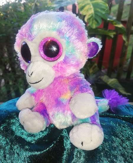 TY Silk.  Zuri the Beanie Boo Plush Monkey.  17cm.  Purple Glitter Eyes!