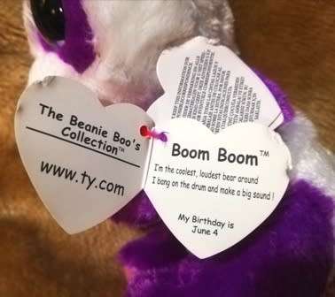 TY Beanie Boo Plush Purple Panda named Boom Boom with Tags. 16cm.