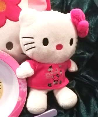 TY Hello Kitty plush toy doll , a round cushion and 1 bowl with a purple fork!