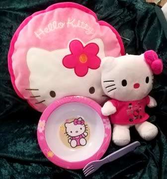 TY Hello Kitty plush toy doll , a round cushion and 1 bowl with a purple fork!