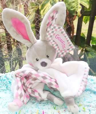 Baby`s Bunny Plush Baby Graffitis with Tags. Comfort/Toy Blanket. 25cm.