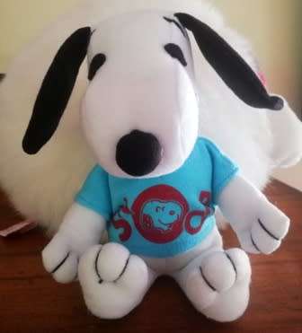 Happiness is a hug from Snoopy in a blue T-Shirt! 17cm. Bargain!