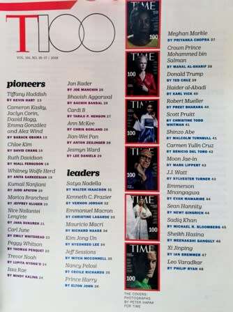 Time Magazine. Apr 30 & May 7, 2018. The 100 Most Influential People!