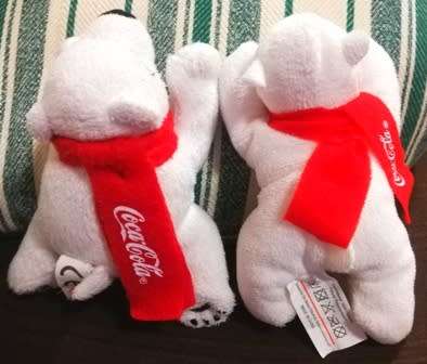 2x Collectable Coca-Cola Polar Teddy Bears with red scarfs. 14cm.