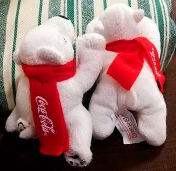 2x Collectable Coca-Cola Polar Teddy Bears with red scarfs. 14cm.