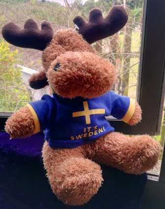Mikey the Moose with a `It`s Sweden!` blue and yellow T-Shirt. 24cm.