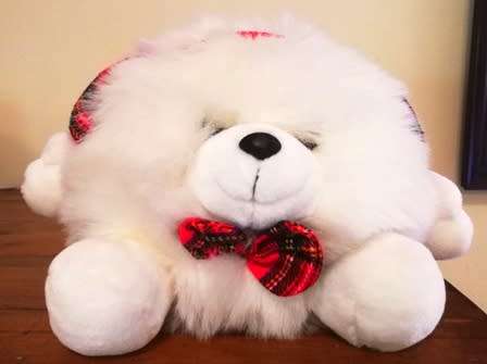 Russ Berrie Snowball the White Polar Bear with Tartan Earmuffs & Bow Tie.