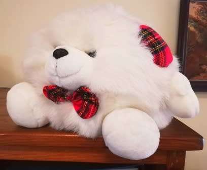 Russ Berrie Snowball the White Polar Bear with Tartan Earmuffs & Bow Tie.