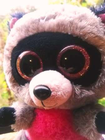TY the Beanie Boo Rocco the Raccoon. Pink Glitter Eyes! 25cm.