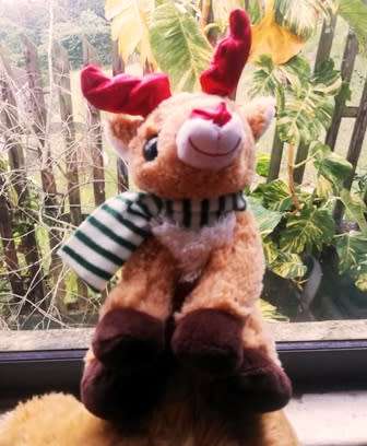 Glitzy the little Christmas Reindeer with striped scarf! 26cm.