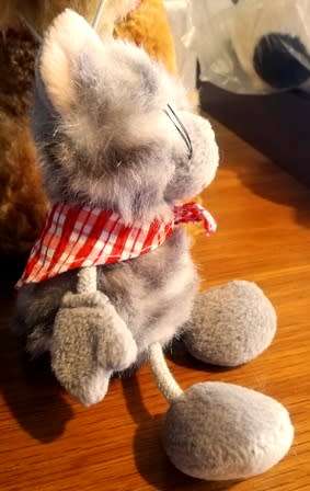 Floki the Grey and White Tabby Cat with Red and White Bandanna. 18cm.