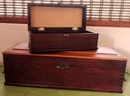 2x Imbuia and Yellow-wood Karl Knorr Jewellery boxes.