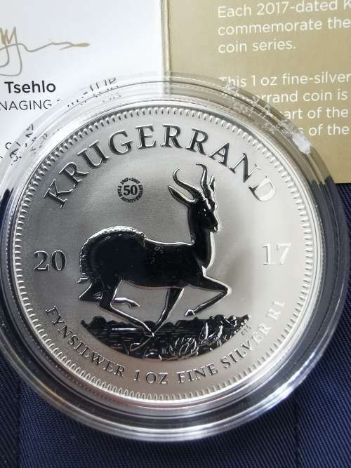 2017 Krugerrand 1 Oz Silver Premium Uncirculated Coin with 50th Anniv. Mint mark,Capsule,Pouch,Cert.