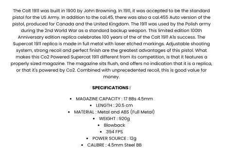 KWC -Supercat 1911 Bundle (Fully Metal co2 semi-auto Blowback pistol) Including bottle of BB and gas