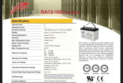 NEW 100AH RITAR BATTERY (SEALED LEAD ACID)