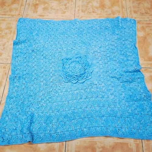 Crochet Cotton Yarn Baby Blanket Blue Square 84cm x 84cm