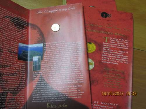 Nelson Mandela Nobel peace prize 1/10th oz fine gold medallion in Red booklet - Mint of Norway