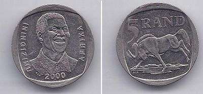 Mandela R5 coin  with buffalo on front and Madibas face on the back.