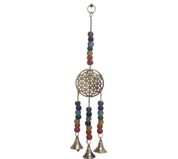 Brass Flower of Life, bells & 7 chakra beads - Wind Chime