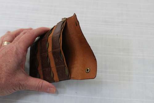 Unusual farthing holder - leather - holds 12 coins ( included!!)