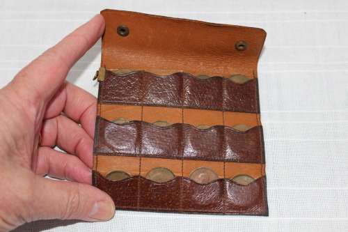 Unusual farthing holder - leather - holds 12 coins ( included!!)