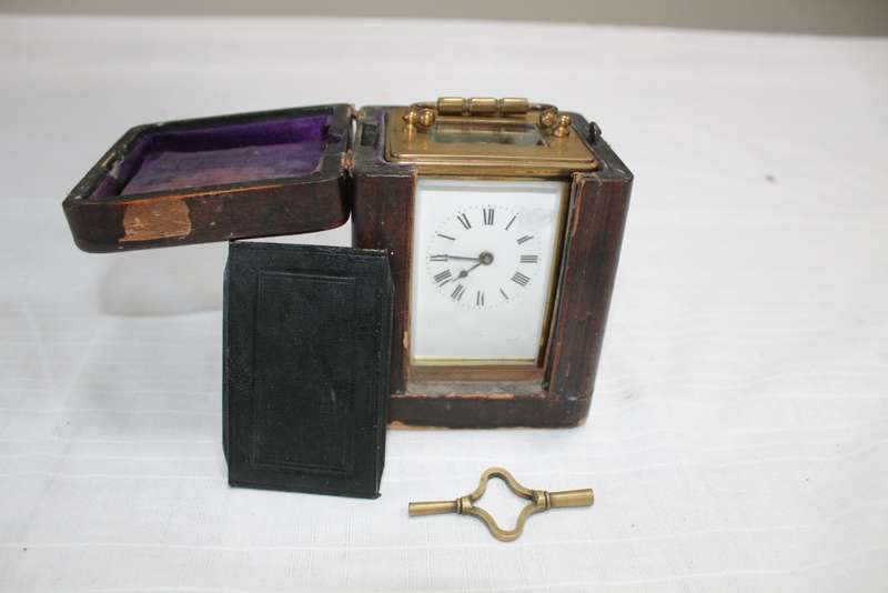 Brass Carriage Clock in travel box, with key and working