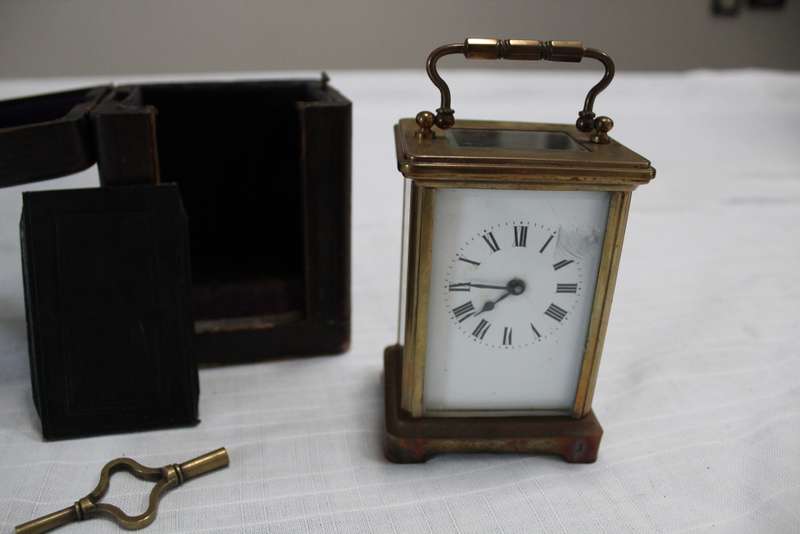 Brass Carriage Clock in travel box, with key and working