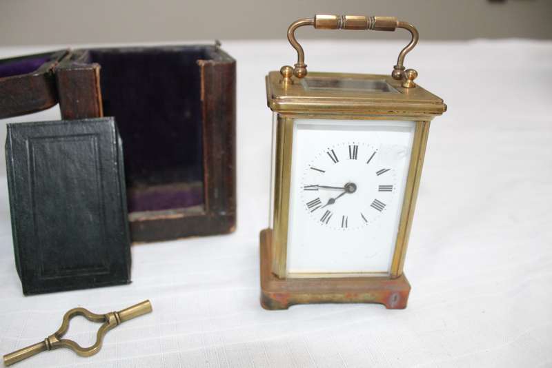 Brass Carriage Clock in travel box, with key and working
