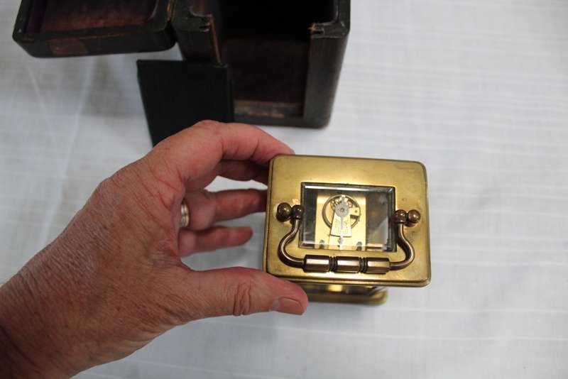 Brass Carriage Clock in travel box, with key and working