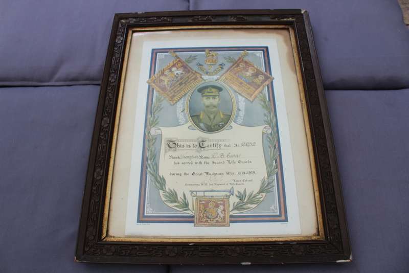 WW1 framed certificate of serving 2nd Life Guard Regiment - Super rare!!